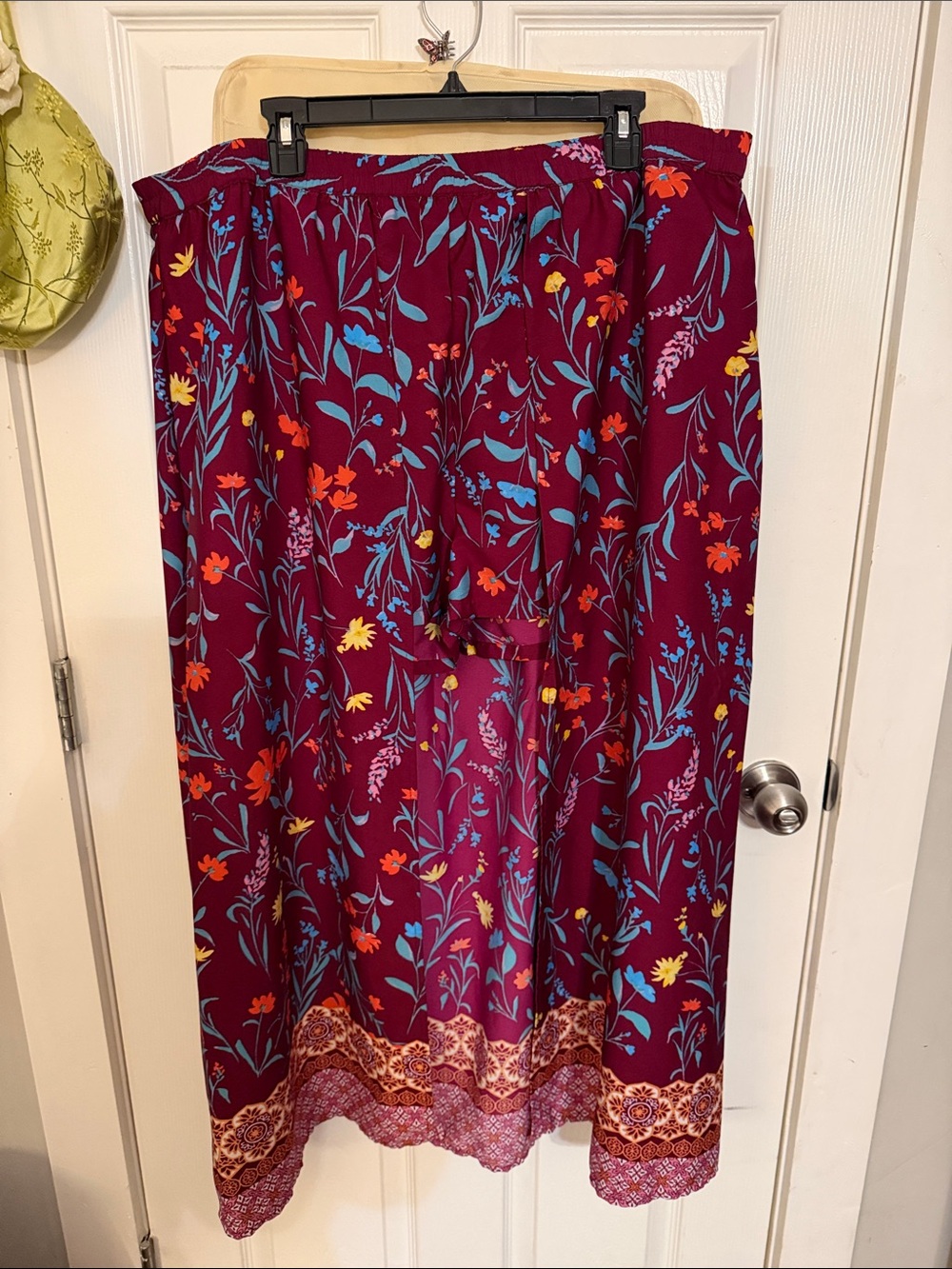 Bohemian Burgundy Floral Maxi Skirt with Elastic Waist